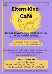 Flyer Eltern-Kind-Café, für alle Erwachsenen mit Kindern im Alter 0-3 Jahren, jede zweite Woche Dienstag 10.30-12 Uhr